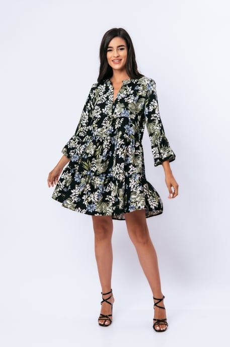 Vestido floral caqui, crudo y azul con mangas acampanadas - Image 3