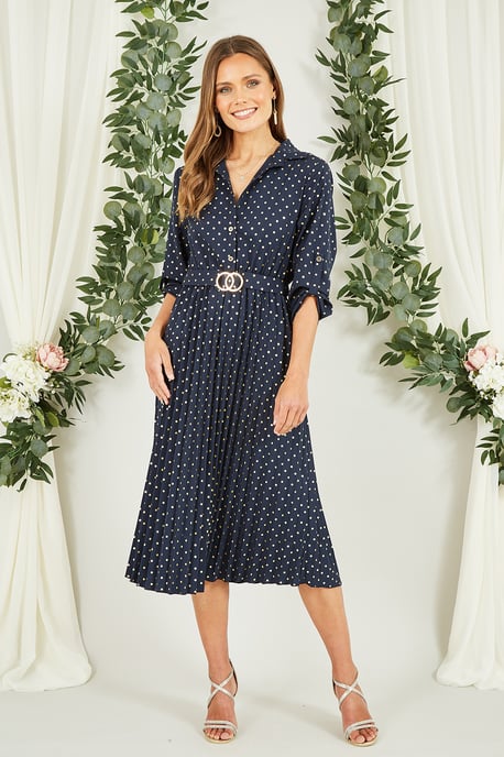 Navy Spot Pleated Skirt Midi Dress With Gold Buckle