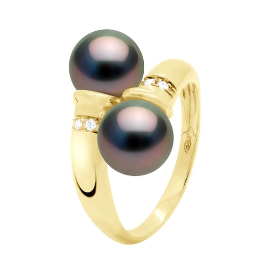Ring You & Me Diamonds 0,06 Cts 2 Real Cultured Tahiti Pearls Round 8-9 mm - Yellow Gold - Image 1