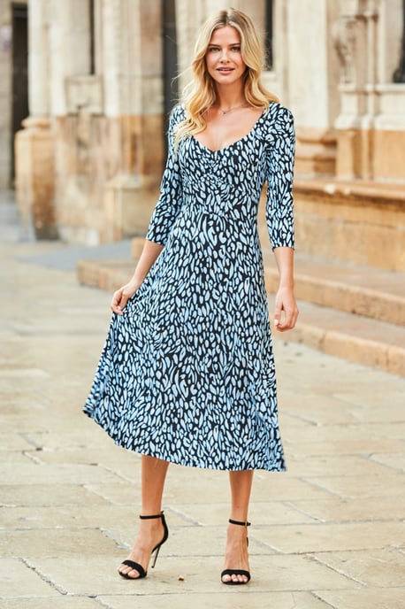 Blue Fleck Print Sweetheart Neckline Midi Jersey Dress
