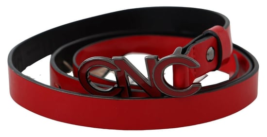 Costume National Women's Red Black Reversible Leather Logo Buckle Belt