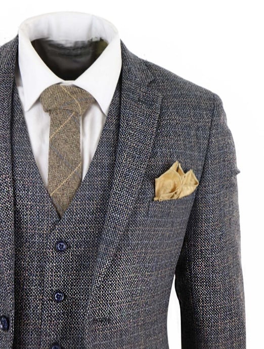 Traje retro vintage de tweed a cuadros azul marino de 3 piezas para hombre - Image 6