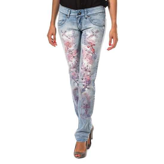Long ripped effect denim pants with skinny hems F054176 woman