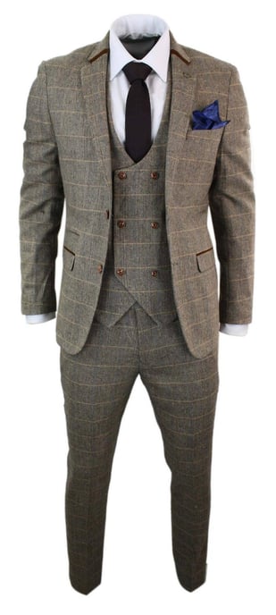 Traje de tweed a cuadros de espiga en color tostado de tres piezas para hombre - Image 2