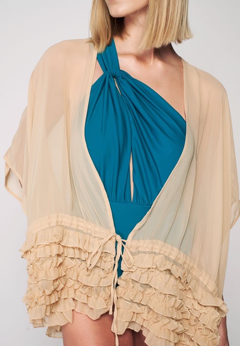 Frill Detailed Kimono - Light Brown - Image 5