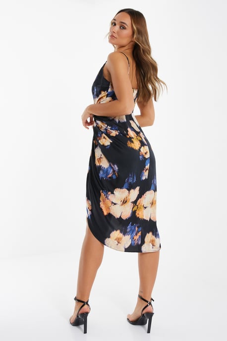 Black Satin Floral Ruched Midi Dress