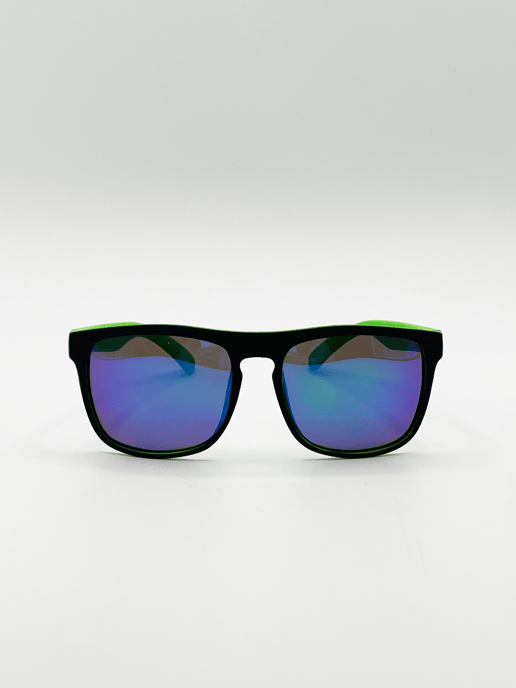 Matte Black Wayfarer Sunglasses With Blue Mirrored Lens - Image 1