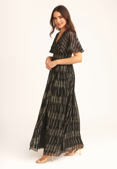 Vestido Maxi con Mangas de Ángel de Rayas y Laminado - Image 3