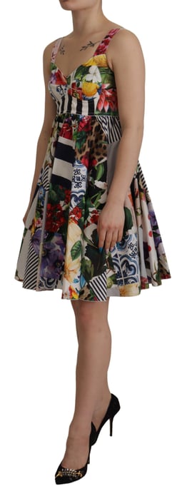 Vestido de Mujer Mini Acampanado de Jardín Multicolor de Popelín Patchwork de Dolce & Gabbana - Image 3