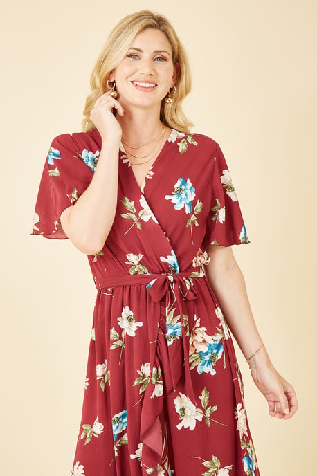 Red Floral Dip Hem Wrap Midi Dress