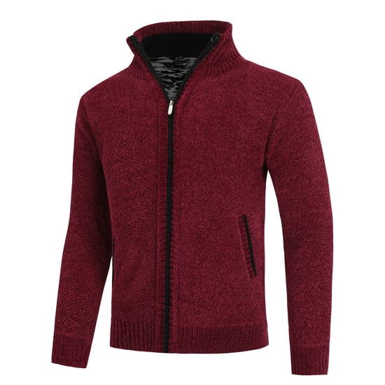 Men's Cardigan with Zip and Stand-Up Collar, Lined Chunky Knit Pullover Red - Image 2