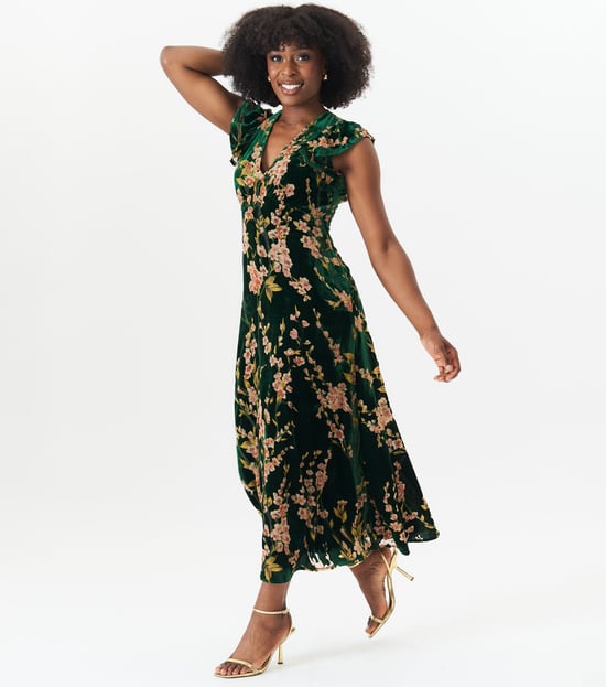Green Floral Devore Ruffle V Neck Midaxi Dress