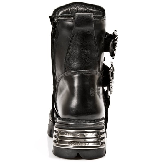 New Rock Silver Cross Black Leather Biker Boots-407-S1