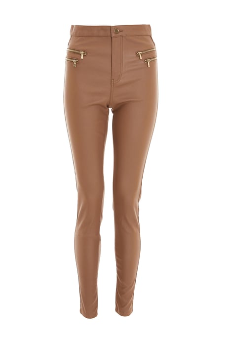 Cream Faux Leather Zip Skinny Trousers