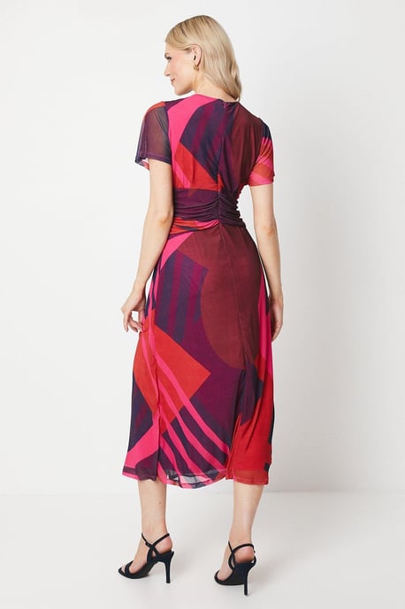 Pink Geo Twist Front Mesh Midi Dress