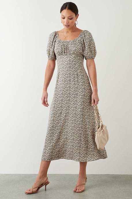 Ditsy Floral Ruched Scoop Neck Midi Dress - Image 2