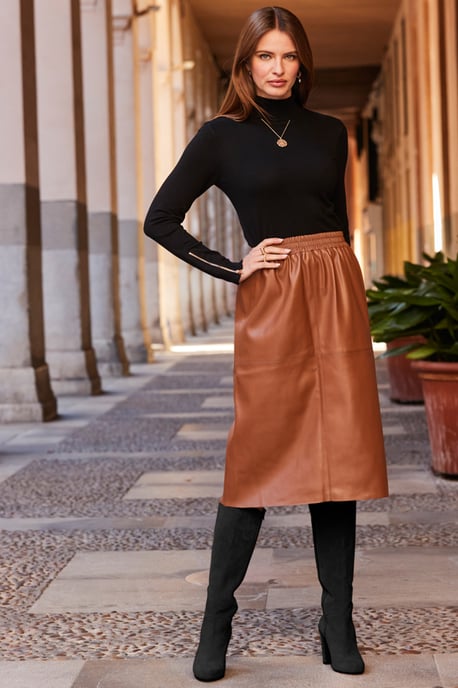 Tan Faux Leather Stretch Waist Skirt
