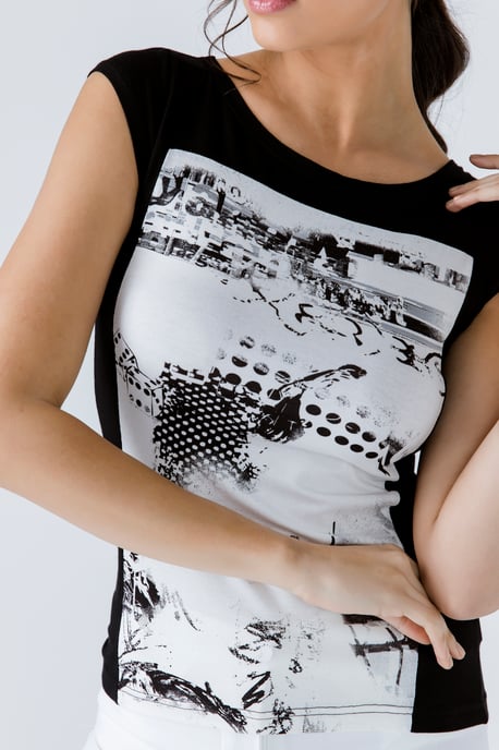 Black Print Detail Cap Sleeve Top