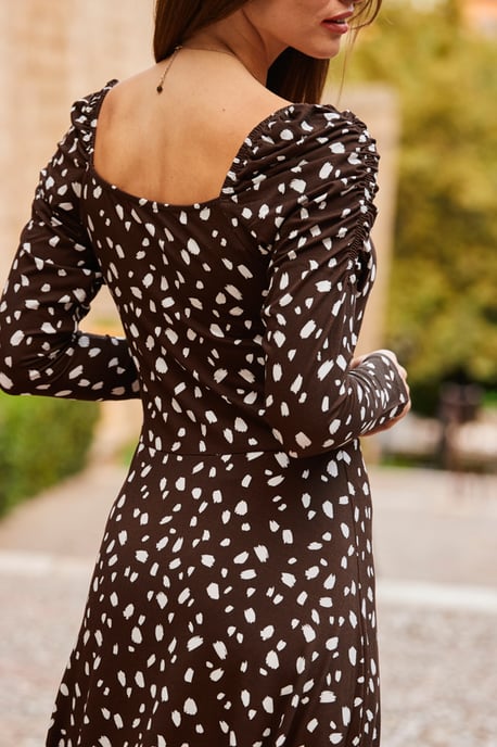Chocolate Brown Fleck Print Square Neck Midi Dress