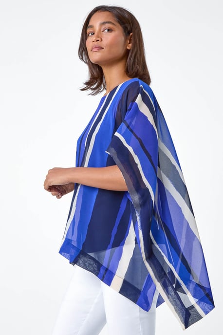 Stripe Print Chiffon Overlay Tunic Top