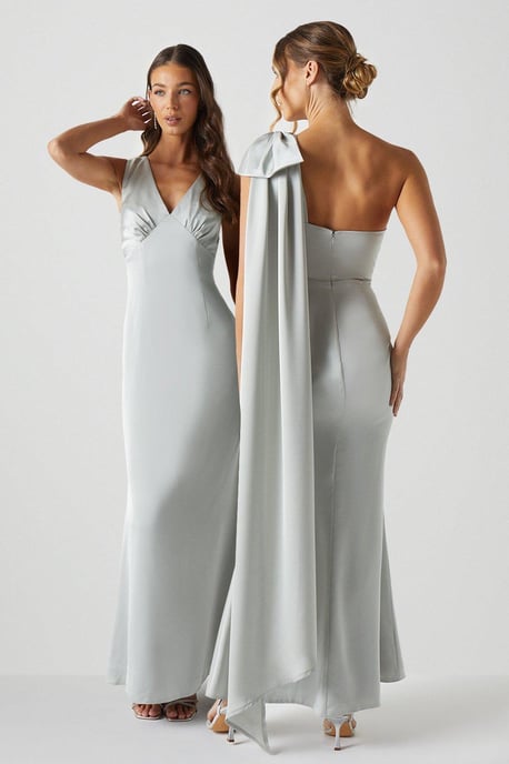 Bow And Drape Detail One Shoulder Satin Bridesmaids Dress - Image 1