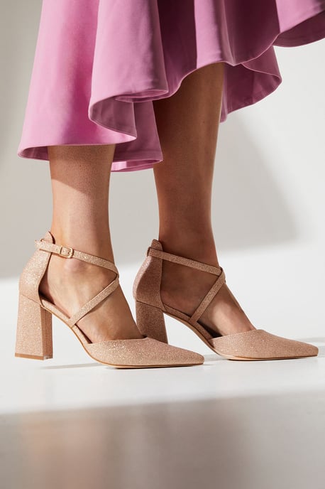 Wide Fit Treat Glittter Cross Strap Pointed Block Heel Court Shoes - Image 2