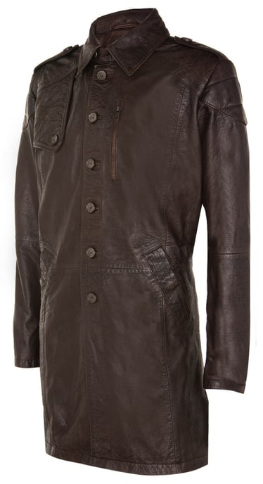 Softer, longer military trench coat in distressed leather