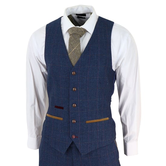 Traje de 3 piezas de tweed azul a cuadros para hombre - Image 5