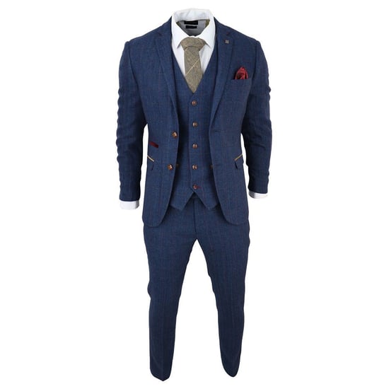 Traje de 3 piezas de tweed azul a cuadros para hombre - Image 1