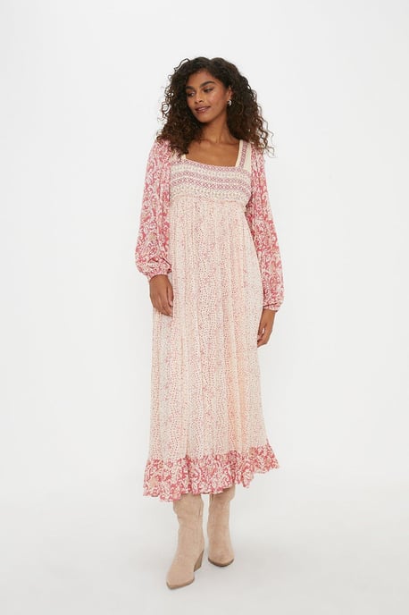 Embroidered Square Neck Midi Dress