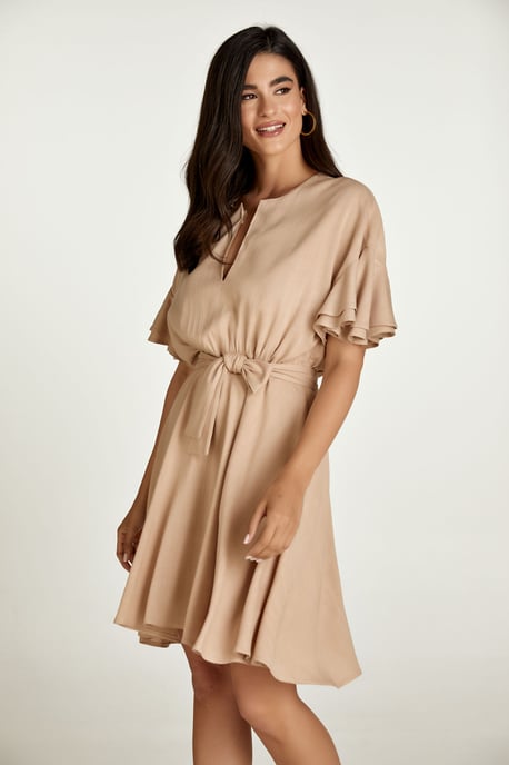 Beige Dress with Ruffle Sleeves