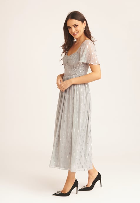 Jacquard Metallic Angel Sleeves Midi Dress