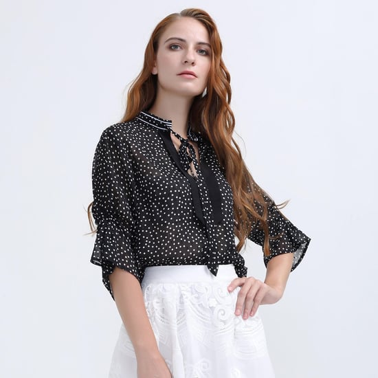 Polka Dots Tulip Sleeves Chiffon Blouse
