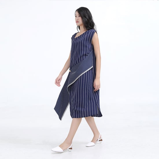 Asymmetric Stripe Trapeze Midi Dress