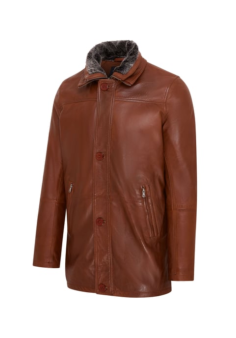 Mens Tan Mid-Length Warm Leather Trench Coat - Varkaus