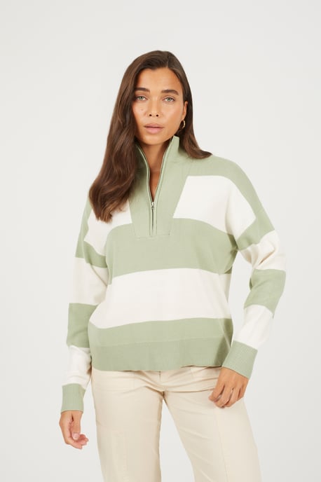 Pale Green Striped Half Zip Knitted Jumper