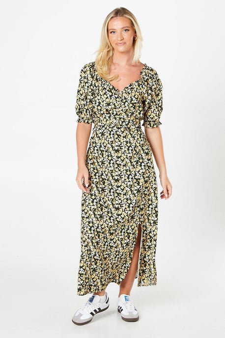 Ditsy Puff Sleeve Ruched Font Midi Dress - Image 1