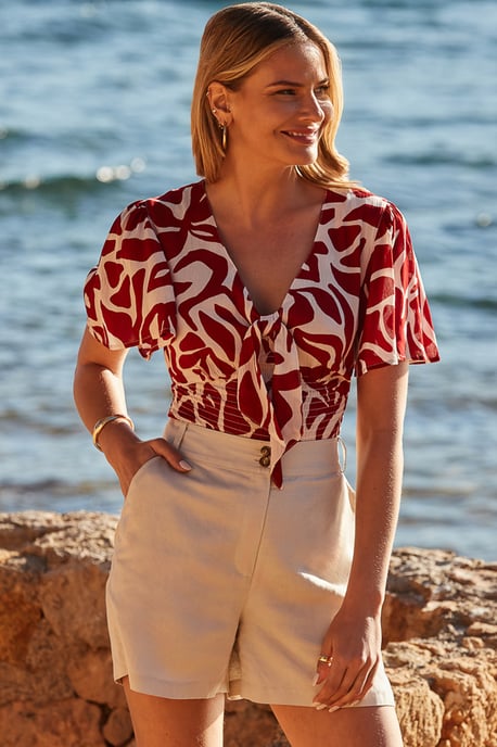 Red Floral Print Tie Front Crinkle Top