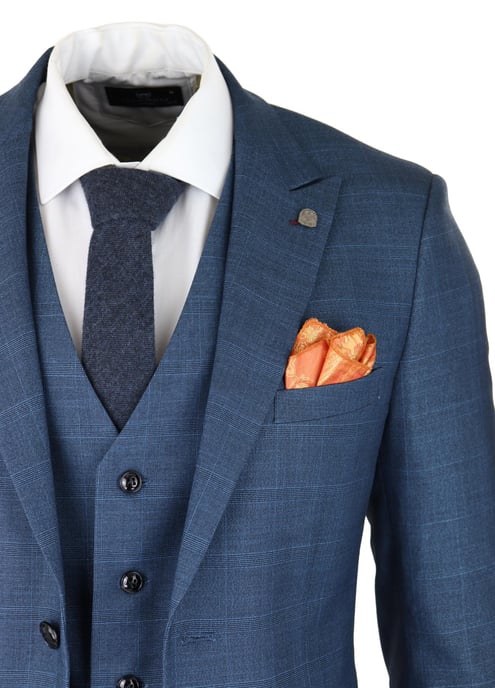 Traje azul de 3 piezas para hombre, cuadros príncipe de Gales, clásico, ligero, ajustado, moderno - Image 5