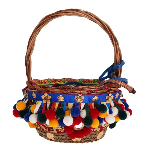 Bolso de Paja con Cristales Multicolor AGNESE de Dolce & Gabbana con Pom Pom - Image 1