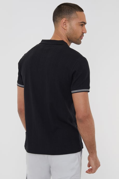 Black 'Tucson' Textured Knit Open Collar Polo Shirt
