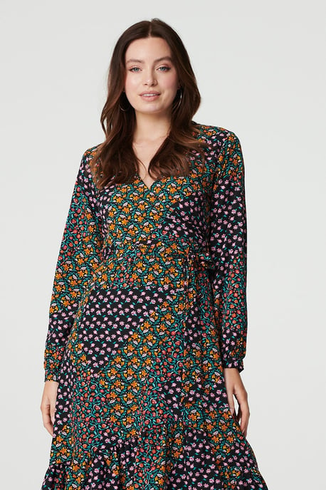 Black Patchwork Print Ruffled Wrap Dress