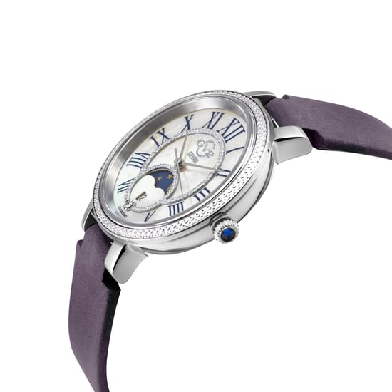 Reloj GV2 para mujer Genoa de caja de acero inoxidable, esfera de madreperla blanca, correa de cuero ciruela hecha a mano. - Image 3