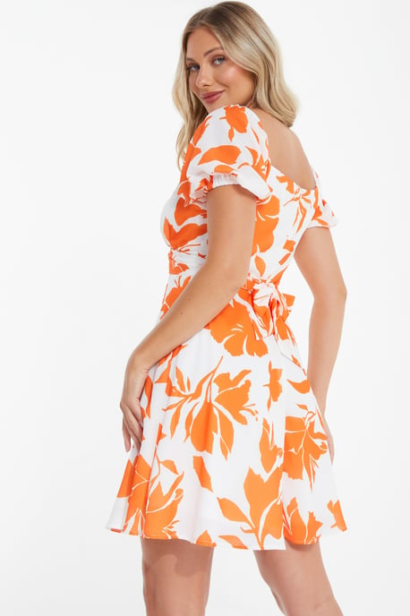 Orange Floral Skater Mini Dress
