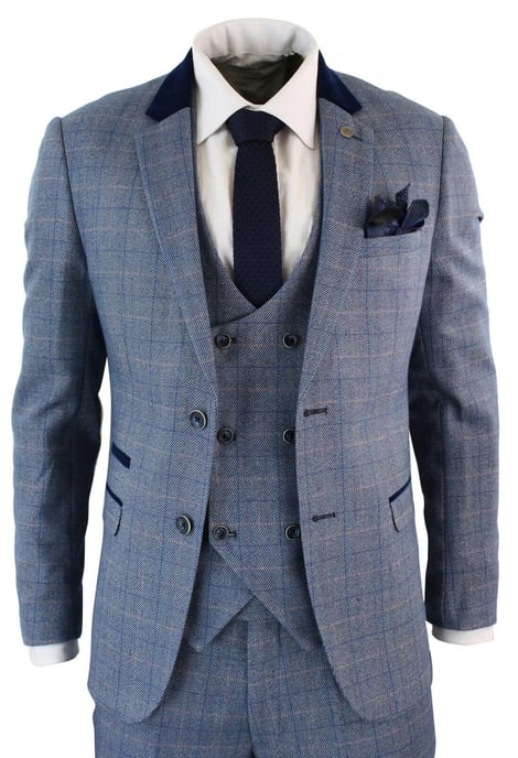 Traje de tres piezas de cuadros en espiga azul y gris para hombre - Image 1