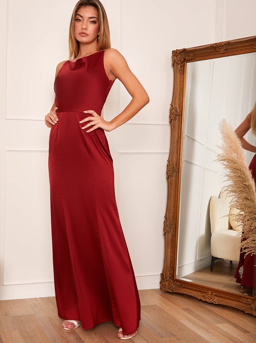 Cowl Neck Satin Slip Maxi Dress in Orange