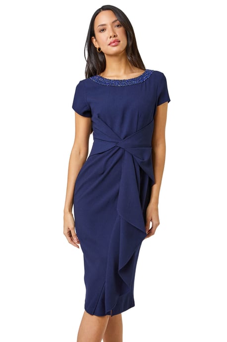 Embellished Twist Waist Stretch Ruched Dress