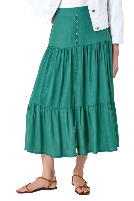 Textured Button A Line Tiered Midi Skirt
