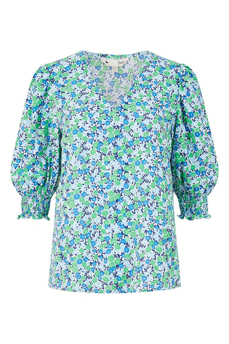 Green Ditsy Print Puff Sleeve Top