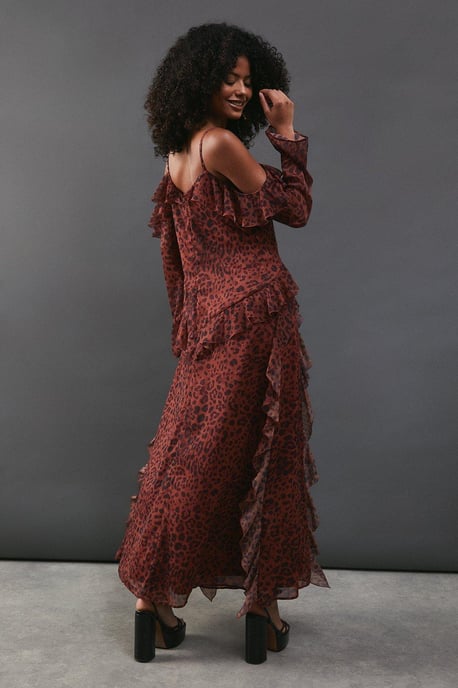 Chiffon Animal Print Cold Shoulder Ruffle Detail Maxi Dress